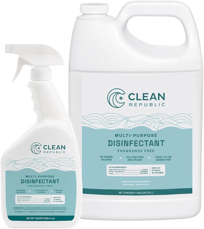 Clean Republic Good Salt Home Multi-Purpose Disinfectant Starter and Refill System, Everyday Surface Spray 32 oz and 1 Gallon Refill, Ideal for Home and Workspaces, Continuous Cleaning Action