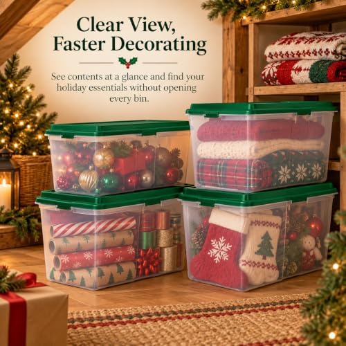 113 Qt Christmas Storage Bins with Lids, 4 Pack Clear Plastic Containers