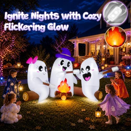 zukakii 6FT Long Halloween Inflatables Decorations Outdoor Campfire Ghosts Adorable Halloween Blow up Yard Decoration Blowup Cute 3 Ghosts Roasting Marshmallows Over Campfire Built-in LEDs Party Lawn