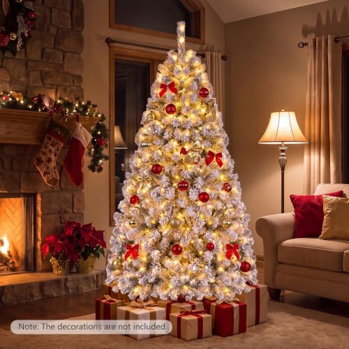 HAPPYGRILL 6FT Pre-Lit Christmas Tree Premium PVC Needles, 600 Branch Tips Flocked Snow Hinged Pine Tree with Solid Metal Stand 250 LED Lights Ideal for Holiday Decoration