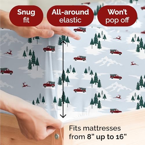 Christmas Sheet Set, Pickup Trucks, Holiday Xmas Bedding Set - Queen Size