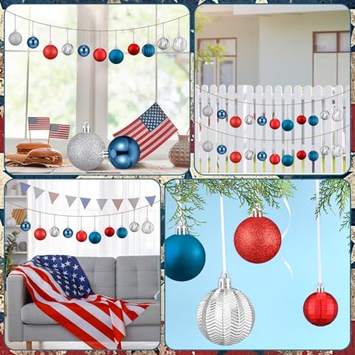Lunmon 64 Pcs Red Blue and Silver Christmas Ornaments Patriotic Xmas Balls