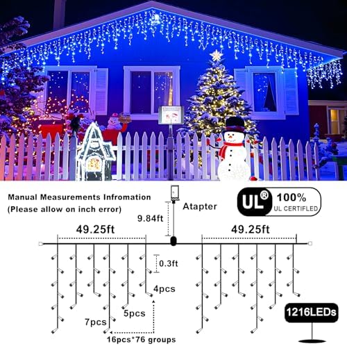 99FT Icicle Lights for Outside 1216 LED Blue Christmas Lights Outdoor