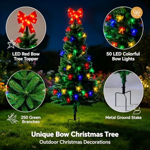 4FT Solar Christmas Tree with Bow Lights for Outdoor Christmas Decorations
