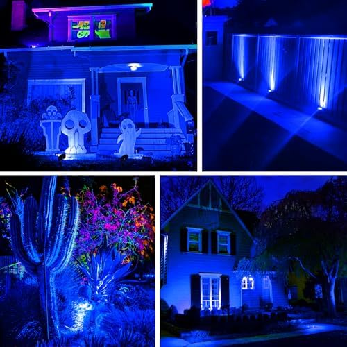 Halloween Blue Landscape Lights Outdoor, 14 LED Landscape Lighting with US Plug, IP65 Waterproof Spotlights for Tree Yard Garden Pathway Christmas Decor 2 Pack