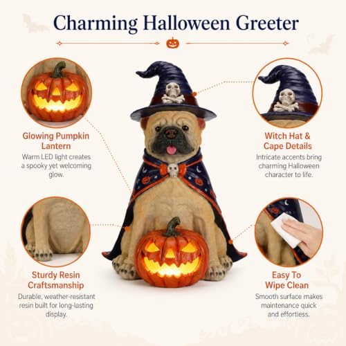 Halloween Large French Bulldog Statue with Glowing Pumpkin,Porch Decor