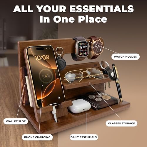 TESLYAR Wood Phone Docking Station for Men - Desk or Nightstand Organizer - Birthday Gifts for Husband or Dad - Anniversary Idea from Wife - Key Holder, Stand Wallet, Watch & Essentials (Earth Beige)