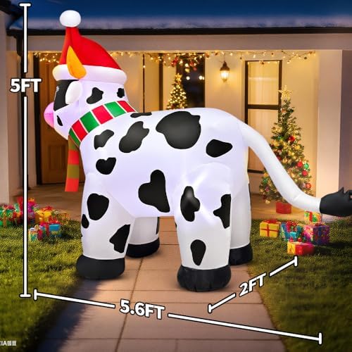5.6FT Christmas Inflatables Outdoor Decorations Inflatable Cow Farm Animals, Built in LED Lights Blow up Yard Decorations for Xmas Holiday Party Indoor Garden Lawn Décor