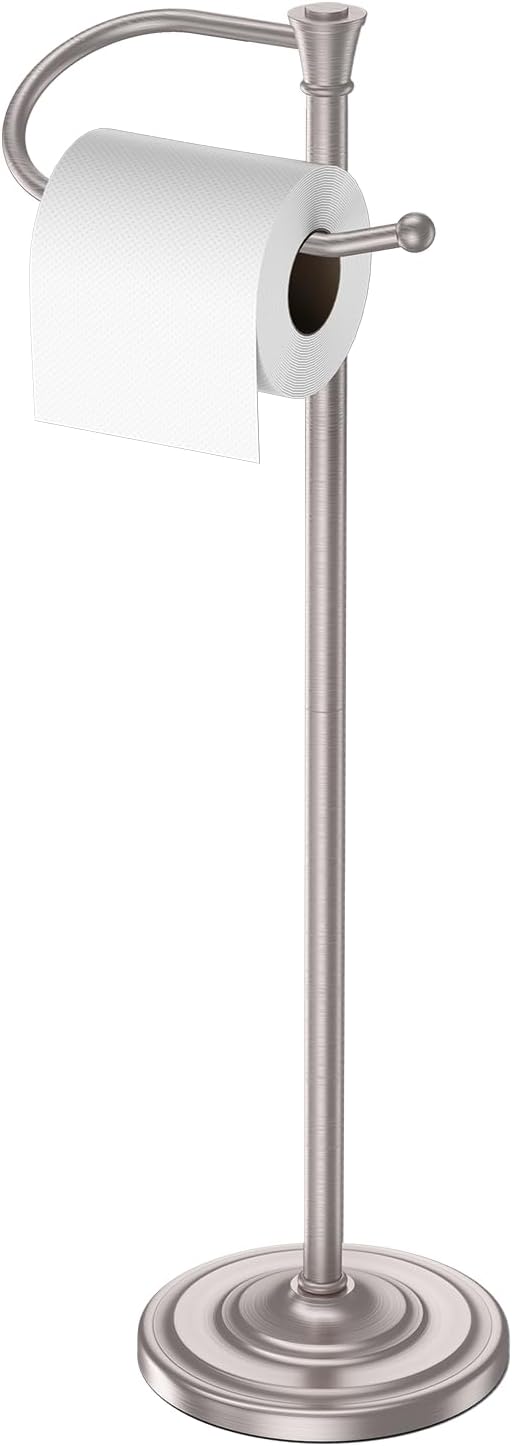 Toilet Paper Holder Free Standing, 25” H Stainless Steel Nickel Toilet Paper Stand, Weighted Base Floor Tissue Roll Holder for Bathroom,Toilet Roll Stand