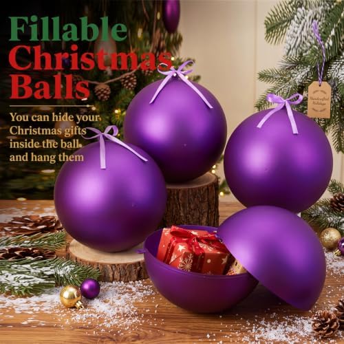 Weysat 4 Pcs Large Fillable Christmas Ball Ornaments, Matte Purple, 10 Inch