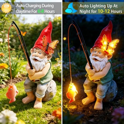 Solar Garden Gnome Statues, Outdoor Fishing Gnome with Butterfly Solar Lights Waterproof, Birthday Gifts for Mom Women Christmas Mother's Day, Garden Figurines for Yard Decor Patio Lawn Ornaments