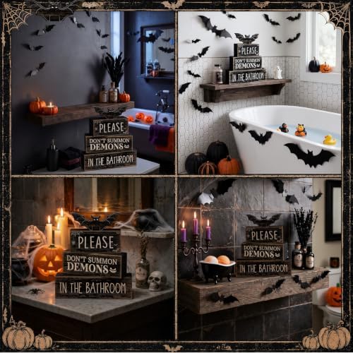 Moucuny 4 Pcs Halloween Bathroom Decoration Gothic Bat Wooden Stacked Block