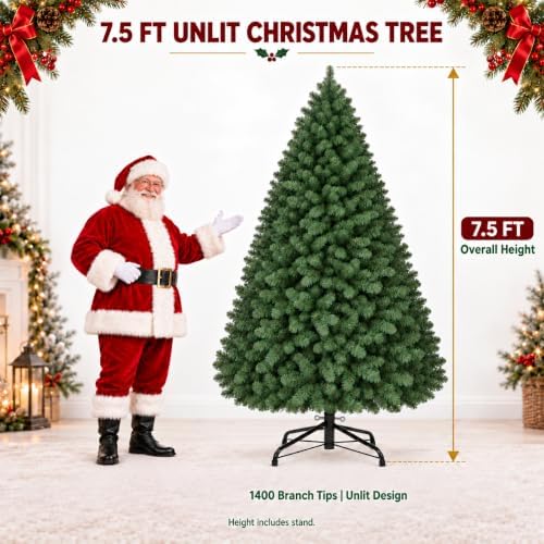 7.5ft Artificial Christmas Tree, Realistic Full Unlit Holiday Décor