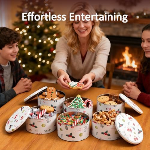 Chiristmas ornament Style Cookie Tin, 6Packs Metal Round Cookies Containers, Tin with Lid for Xmas, Multicolor 16.5 * 16.5 * 8.5Cm
