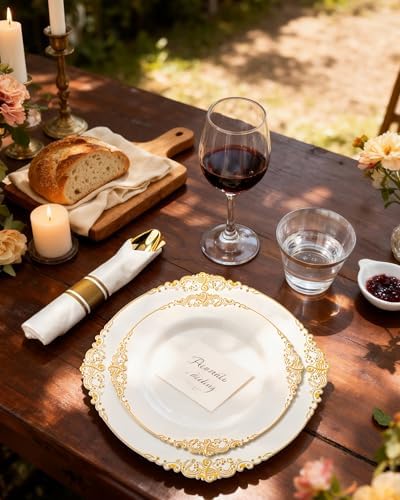 Nervure 175Pcs Ivory Plastic Plates, Disposable Party Plates for 25 Guests