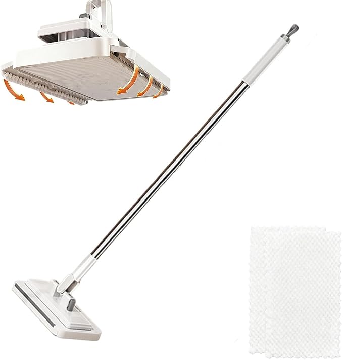 Hands Free Multi Purpose Flat Mop, 43'' Disposable Dust Mop with 10 Reusable Cloths, Multi Surface Cleaning Flat Dust Mop for Kitchen Wall Bathroom Toilet Corners (Mop+4cloths)