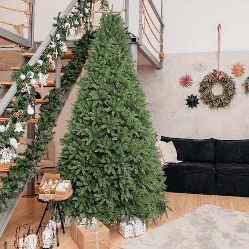 9zH&K 10FT Pre-Lit 1200 LED Lights 10 Modes Color Changing Christmas Pine Tree, 5090 Branches Artificial Festive Party Holiday Fake Multicolored Xmas Tree for Home, Office, Includes Stand
