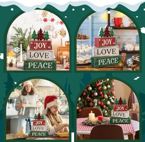 Lineshading 4 Pcs Christmas Table Decor Christmas Tree Block Signs Joy Love
