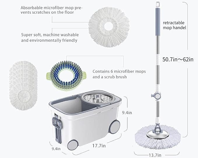 Michao Spin Mop Bucket Deluxe 360 Spinning Floor Cleaning System with 6 Microfiber Replacement Head Refills,62" Extended Handle,4X Wheel for Home Cleaning