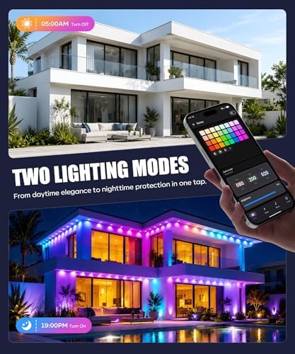 POOFZY Permanent Outdoor Lights 100FT, RGB+IC Smart Outdoor Lights for House, App & Voice Control, Waterproof Outdoor Eave Lights for Christmas Holiday Patio Yard Decor