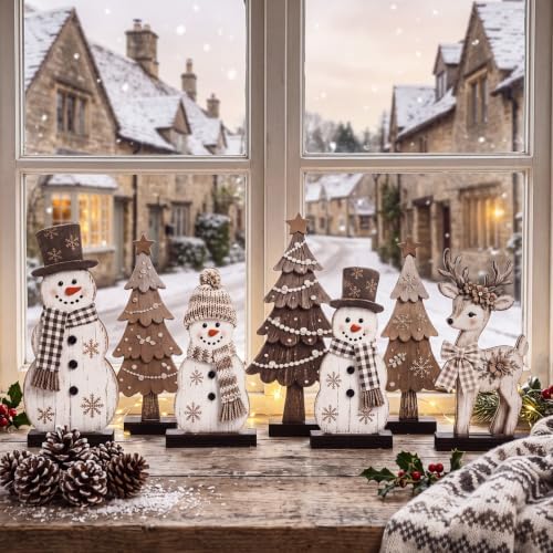 7 Pcs Christmas Table Decor Wooden Snowman Tree Deer Decor, Brown