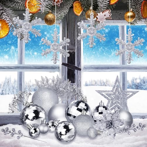 Sratte 94 Pcs Christmas Tree Ornaments Decoration Set, Silver