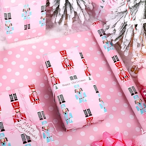 WRAPAHOLIC 30 Inch Jumbo Reversible Nutcracker Christmas Wrapping Paper - 30 Inch x 100 Feet Jumbo Roll Pink Nutcracker Wrapping Paper and Polke Dot Design for Christmas, Holiday, Party Celebration