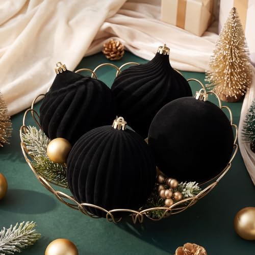 Civaner 4 Pcs Large Velvet Christmas Ball,8 Inch,Black