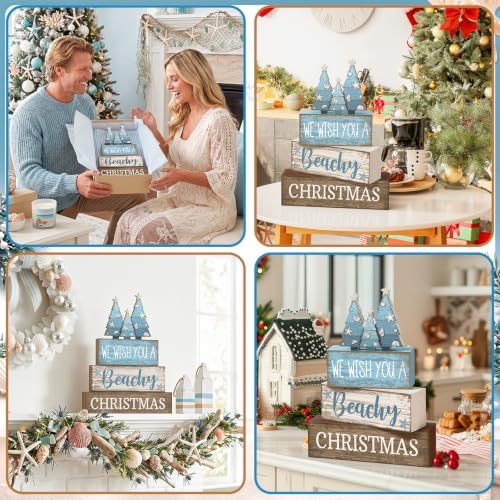 Lineshading 4 Pcs Coastal Christmas Table Decor, Blue Beachy Christmas Tree