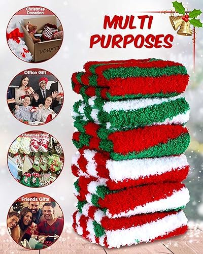 Toulite 60 Pairs Christmas Fuzzy Socks Bulk for Women Soft Plush Slipper Winter Striped Fluffy Warm Sleeping Socks for Holiday Indoor Home Bright Color One Size