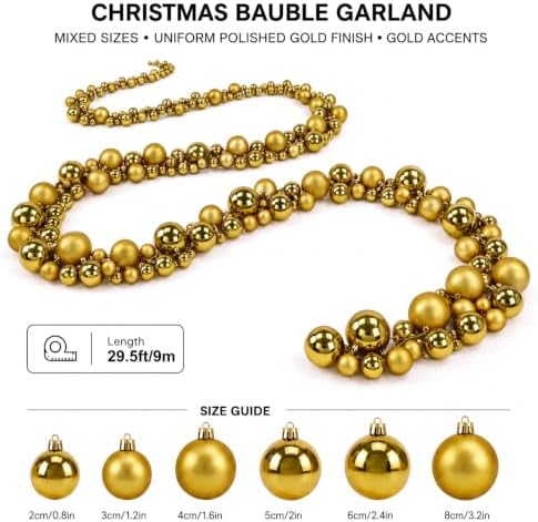 Sosation 29.5Ft Christmas Ball Ornament Garland, Gold, Glossy Matte
