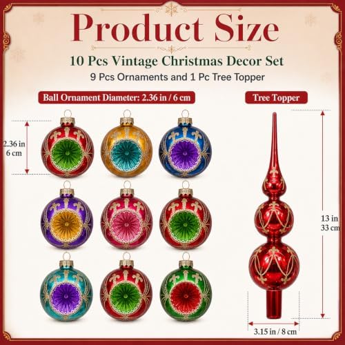 Yinder 10 Pcs Vintage Christmas Glass Ornament and Tree Topper for Tree