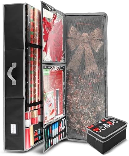 Hearth & Harbor Holiday Storage with Extra 2 PC of Christmas Storage Bins and Ribbon Storage Organizer - Fade Resistant Wrapping Paper Storage Containers with Wheels Fits Up to 30 Rolls of 40" Length