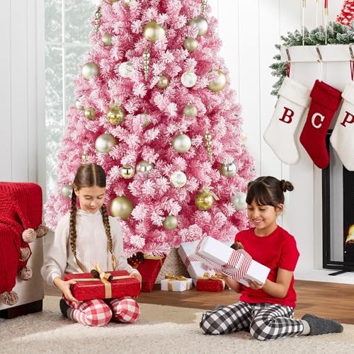 Best Choice Products Artificial Flocked Christmas Tree, 6ft Premium Unlit Colorful Pine Holiday Décor w/Full Branches, Metal Stand - Pink