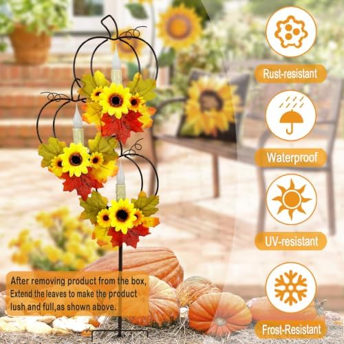 Thanksgiving Solar Lights Outdoor,Metal Trio Pumpkin LED Candles Yard Decor
