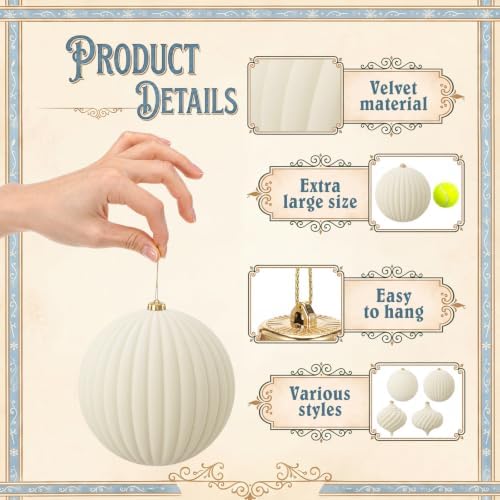 Civaner 4 Pcs Large Velvet Christmas Ball,6 Inch,Cream White