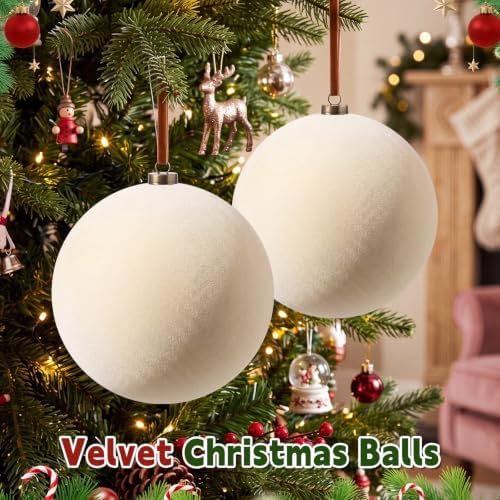Weysat 6 Pcs 8 Inch Giant Velvet Christmas Ball Ornaments, Cream White