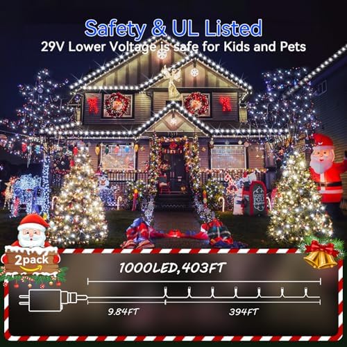 Hezbjiti 2Pack 1000 LED 403FT Christmas Lights Outdoor String Lights 8 Modes with Timer Memory Waterproof Fairy Lights Plug in for Classroom Bedroom Wedding Party Holiday Xmas Decorations(Cool White)