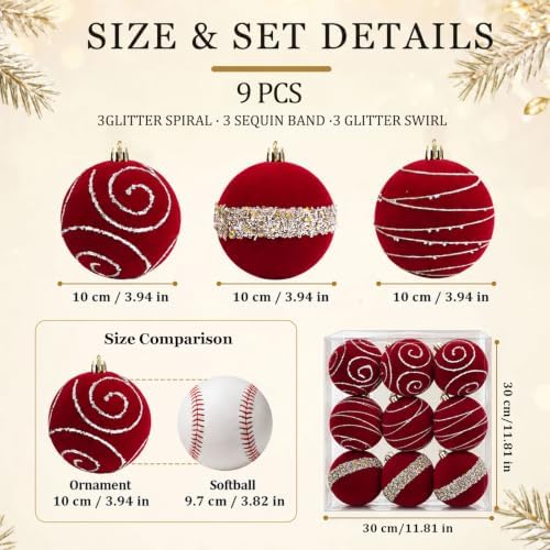 9Pcs Red Velvet Christmas Ornaments 3.94In Balls for Christmas Tree Deco