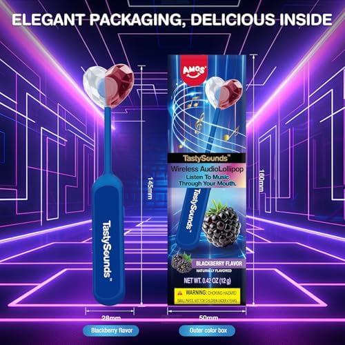 Amos TastySounds Wireless Audio Music Lollipop - Bone Conduction Music Lollipop with Natural Blackberry Flavor, Private Listening Experience, Premium Gift Packaging for Tech Lovers & Adults (1 Pack)