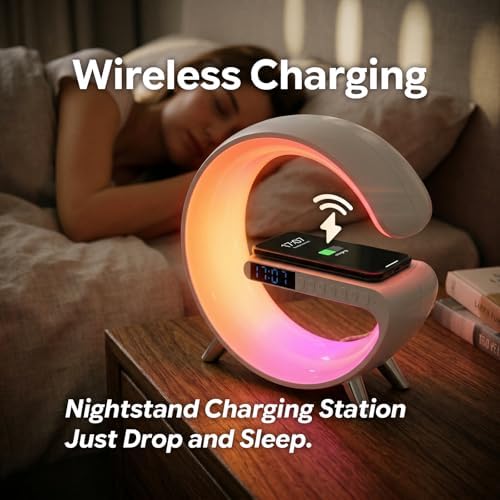 Smart LED Table Lamp Alarm Clock for Bedroom with Wireless Charging Bluetooth Speaker, App Controlled Night Light for Kids, Christmas Birthday Gifts for Teens Adults Desk Office Bedroom Decor (White）