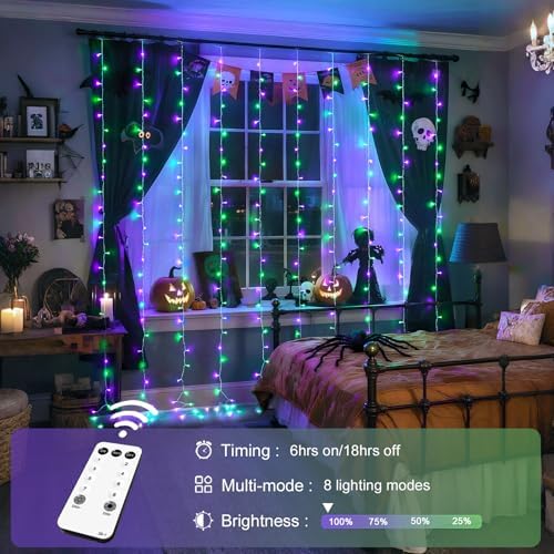 JMEXSUSS 300LED Purple & Green Curtain Lights for Halloween Decor, Plug in