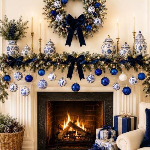 Lunmon 64 Pcs Chinoiserie Christmas Ornaments Blue and White Xmas Bulbs