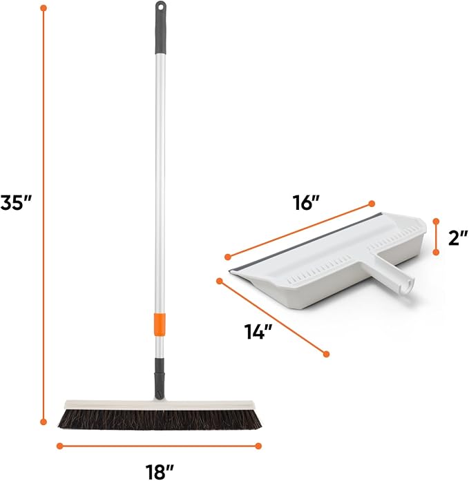 Superio 18" Horse Hair Upright Broom and 16" Dustpan with Comb – Narrow Thin Dust Broom for Dog Hair – Telescopic Handle – Floor Cleaning Set for Hardwood & Tile – Gray/White