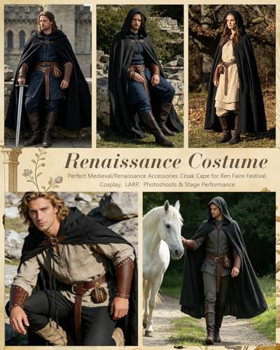 kasahara Renaissance Hooded Cloak Medieval Costume Accessories for Men Women Halloween Costume Cape Belt Pouch Bracers