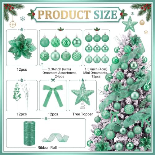 89 Pcs Christmas Tree Decorations Star Topper Ornaments Artificial Poinsettia Flowers Green Ball Velvet Bow Berry Picks Christmas Tree Hanging Ornaments for Xmas Home Office Decorations