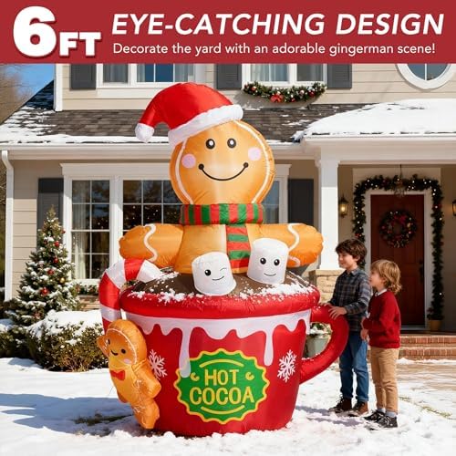 ZPISF 6 FT Christmas Inflatables Outdoor Decorations, Cute Christmas Blow Up Yard Decorations Gingerbread Man in Hot Cocoa Mug Scene for Garden Lawn Xmas Decor