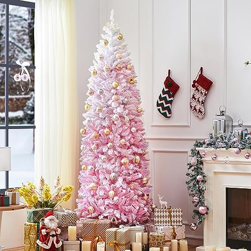 Yaheetech 7.5ft Pre-lit Snow Flocked Pencil Christmas Tree, Pink Gradient