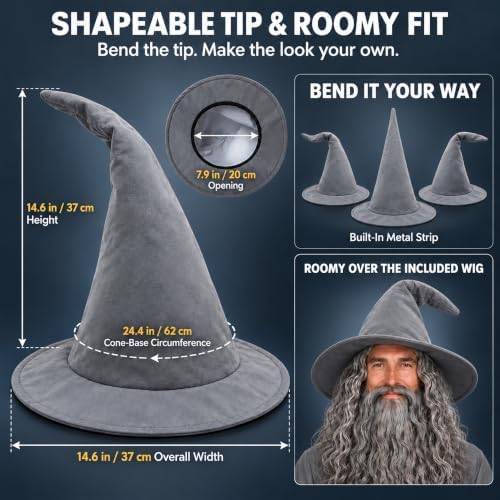 Wizard Halloween Costumes for Men with Gray Robe Hat Wig Beard