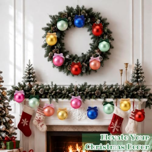 Hollowfly 9 Pcs 3 Inch Colorful Glass Christmas Ornaments with Velvet Bow